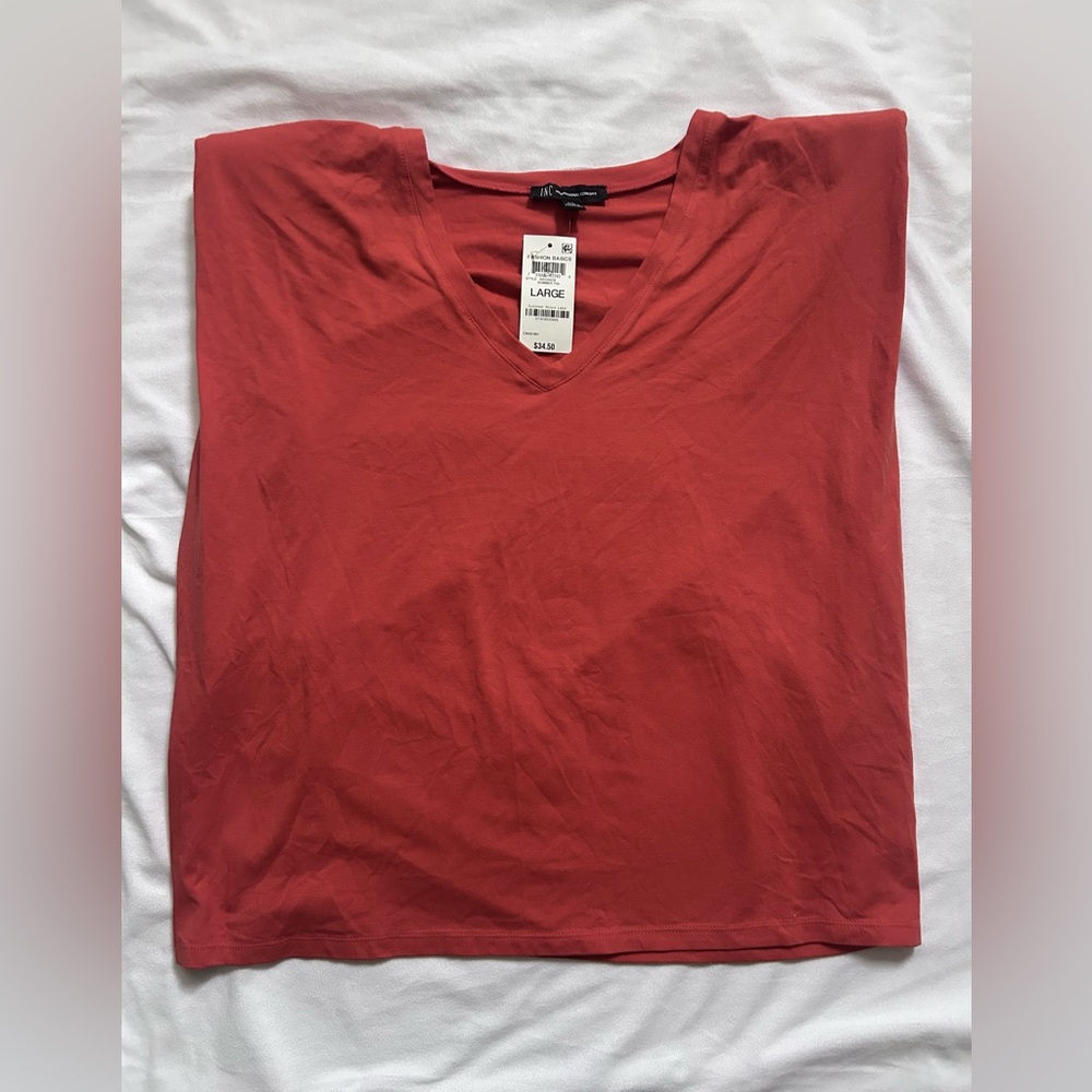 INC International Concepts Orange V-Neck Tee with shoulder pads